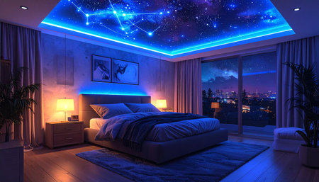 Cozy bedroom with neon ceiling lights shaped like constellations.の素材