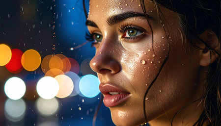 Close-up of face with water droplets, reflections of city lights, moody dramatic light.の素材