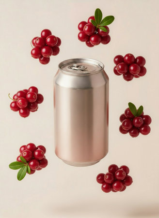A metal soda can with no name, surrounded by cranberries.の素材