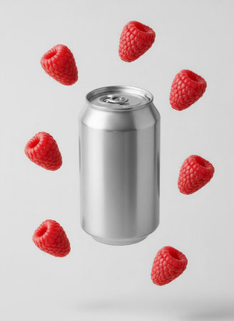 A metal soda can with no name, surrounded by raspberries.の素材