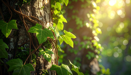 Close-up of vines entangling tree trunks, realistic textures.の素材