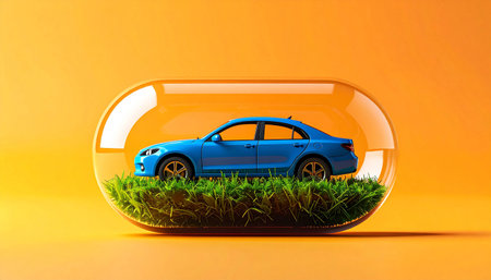 Blue car inside a transparent medical capsule, the bottom of the capsule is filled with grass on a yellow background.の素材