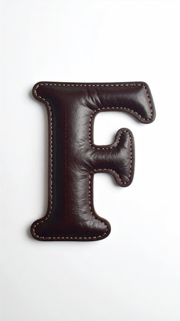Letter F made of smooth polished leather, fine stitches along edges, studio light.の素材