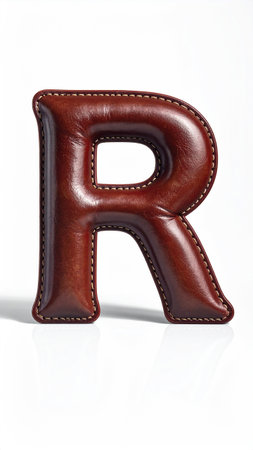 Letter R made of smooth polished leather, fine stitches along edges, studio light.の素材