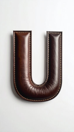 Letter U made of smooth polished leather, fine stitches along edges, studio light.の素材