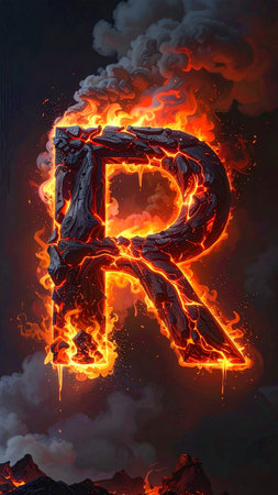 Letter R created from fiery lava, glowing veins, smoke rising.の素材