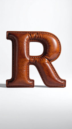 Letter R made of smooth polished leather, fine stitches along edges, studio light.の素材