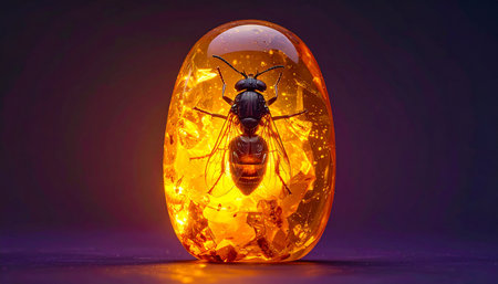 Macro close-up of a firefly completely encased in amber.の素材