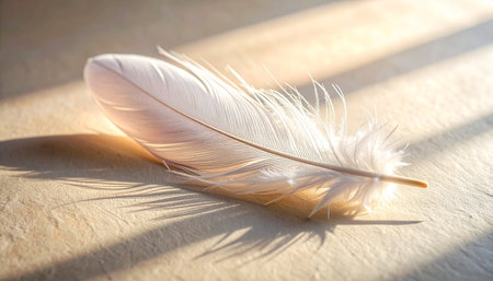 Macro of a single feather on textured paper, side light casting artistic shadows.の素材