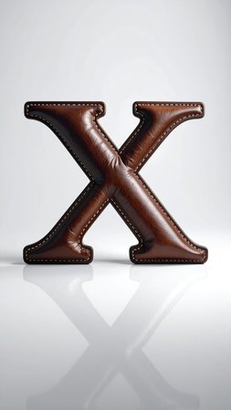 Letter X made of smooth polished leather, fine stitches along edges, studio light.の素材