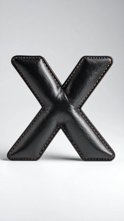 Letter X made of smooth polished leather, fine stitches along edges, studio light.の素材