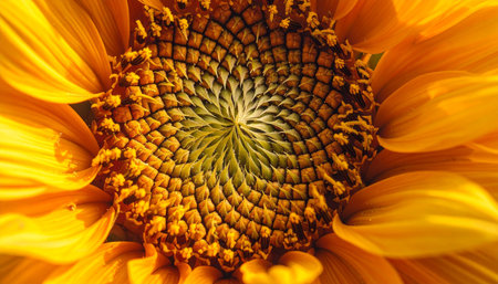 Macro shot of sunflower center with detailed seeds, sharp textures, natural warm light.の素材