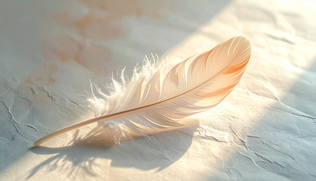 Macro of a single feather on textured paper, side light casting artistic shadows.の素材