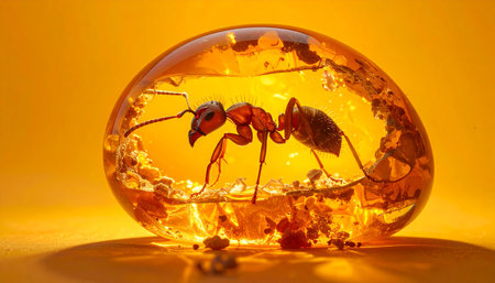 Macro close-up of an ant completely encased in amber.の素材