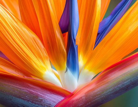 Macro photography of a bird of paradise plant, rich tones.の素材