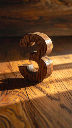 Number 3 carved from dark oak wood, detailed grain, warm natural lighting.の素材