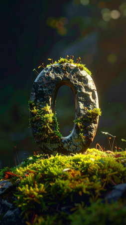 Number 0 formed from rough stone, moss growing in cracks, cinematic light.の素材