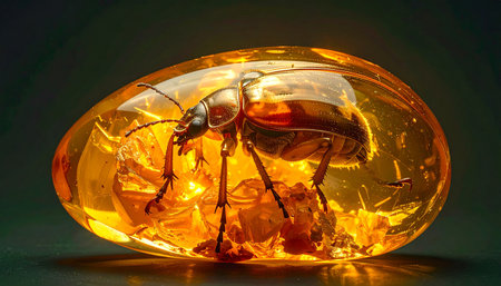 Macro close-up of a beetle completely encased in amber.の素材