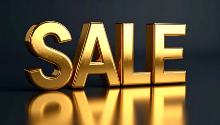 Sale in shiny gold metallic letters, reflective surface, soft shadows.の素材