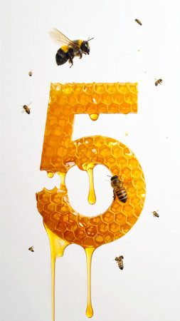 Number 5 shaped like golden honeycomb, bees flying around.の素材