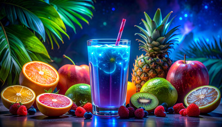Smoothie glass glowing in bioluminescent style, tropical fruit background.の素材