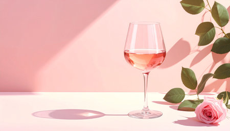 Rose wine in crystal glass, pastel pink surface, modern minimal setup.の素材