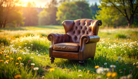 Old leather armchair in the middle of a blooming meadow, soft natural light.の素材