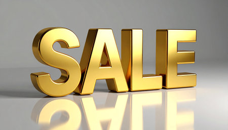 Sale in shiny gold metallic letters, reflective surface, soft shadows.の素材