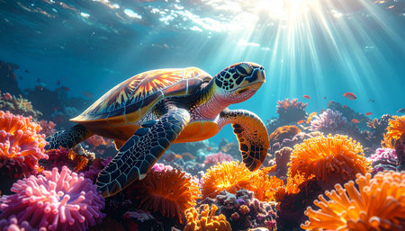 Sea turtle among corals and anemones, soft diffused light from above, hyper-realistic.の素材