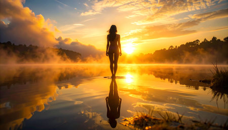 Silhouette of a woman against golden sunset, soft mist, reflective water surface.の素材
