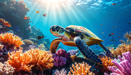 Sea turtle among corals and anemones, soft diffused light from above, hyper-realistic.の素材