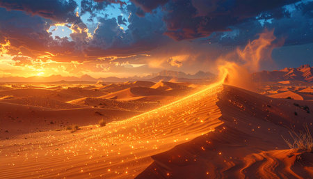 Sandstorm infused with glowing particles, futuristic desert scene.の素材