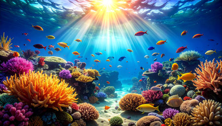 Underwater landscape with coral reef and colorful school of fish, soft light.の素材