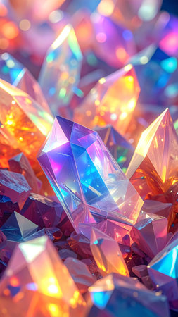 Vertical close-up of glowing holographic crystal textures, vibrant colors, realistic.の素材