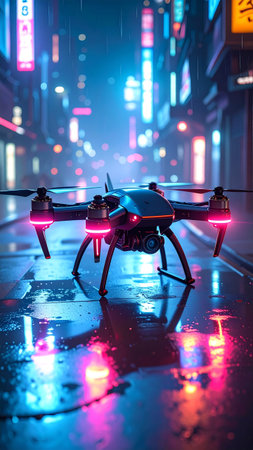 Vertical composition of a cybernetic drone hovering, neon lights reflecting on metal.の素材