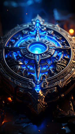 Vertical close-up of a mystical artifact glowing with neon blue energy.の素材