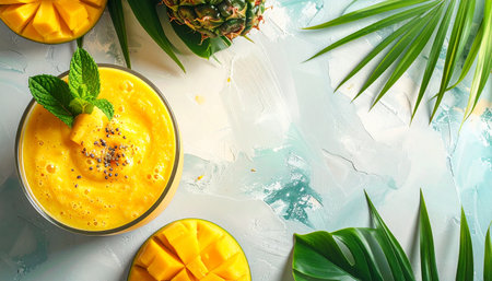 Tropical smoothie in glass cup, neutral background, top view, minimal design.の素材