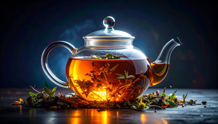 Transparent teapot with glowing herbal tea infusion.の素材
