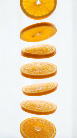 Levitating orange slices in perfect vertical line, clean background, bright citrus.の素材