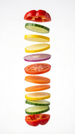 Sliced ââfresh vegetables levitating in mid-air, stacked vertically in perfect alignment.の素材