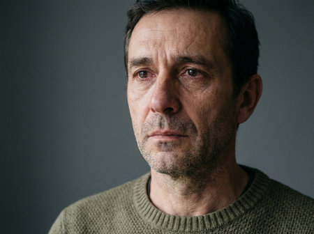 Emotional close-up portrait of a man, soft diffused light, single-color background.の素材