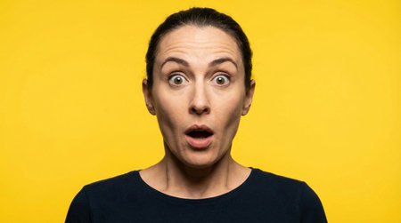 Woman with surprised expression, raised eyebrows, vibrant single-color backdrop.の素材