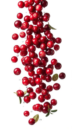 Lingonberries dropping downward, white background, vivid red tone, high-contrast com.の素材
