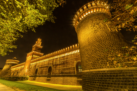 Night panorama of Castello Sforzesco, Milan.のeditorial素材