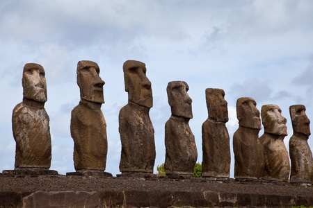 Easter Island Statues under blue skyの写真素材