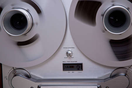 Open Metal Reels With Tape For Professional Sound Recording with NAB adaptersの写真素材