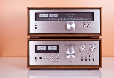 Vintage Stereo Amplifier and Tuner in Wooden Cabinetsの写真素材