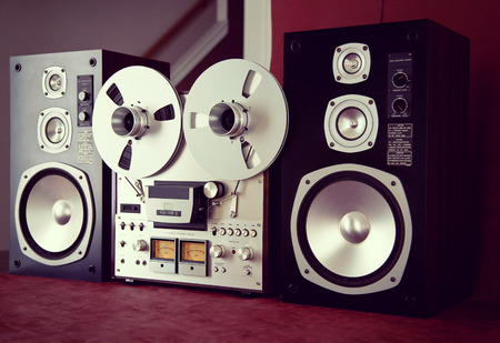 Analog Stereo Open Reel Tape Deck Recorder Vintage with Speakers Closeupの写真素材