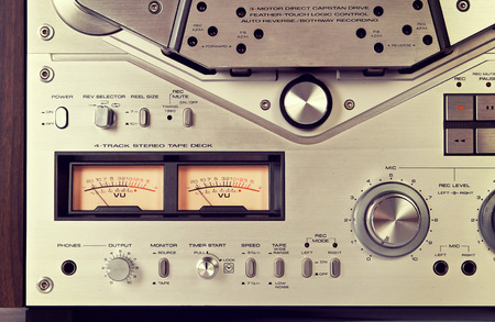 Analog Stereo Open Reel Tape Deck Recorder VU Meter Device Closeup Vintage