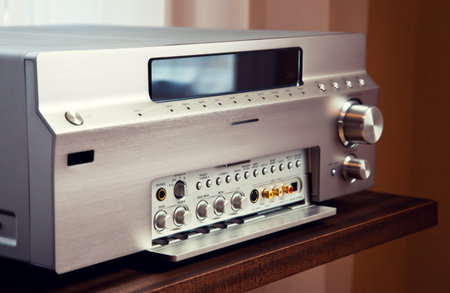 Multi Channel Audio Video Stereo Receiver with Silver Front Panel, angled viewの写真素材